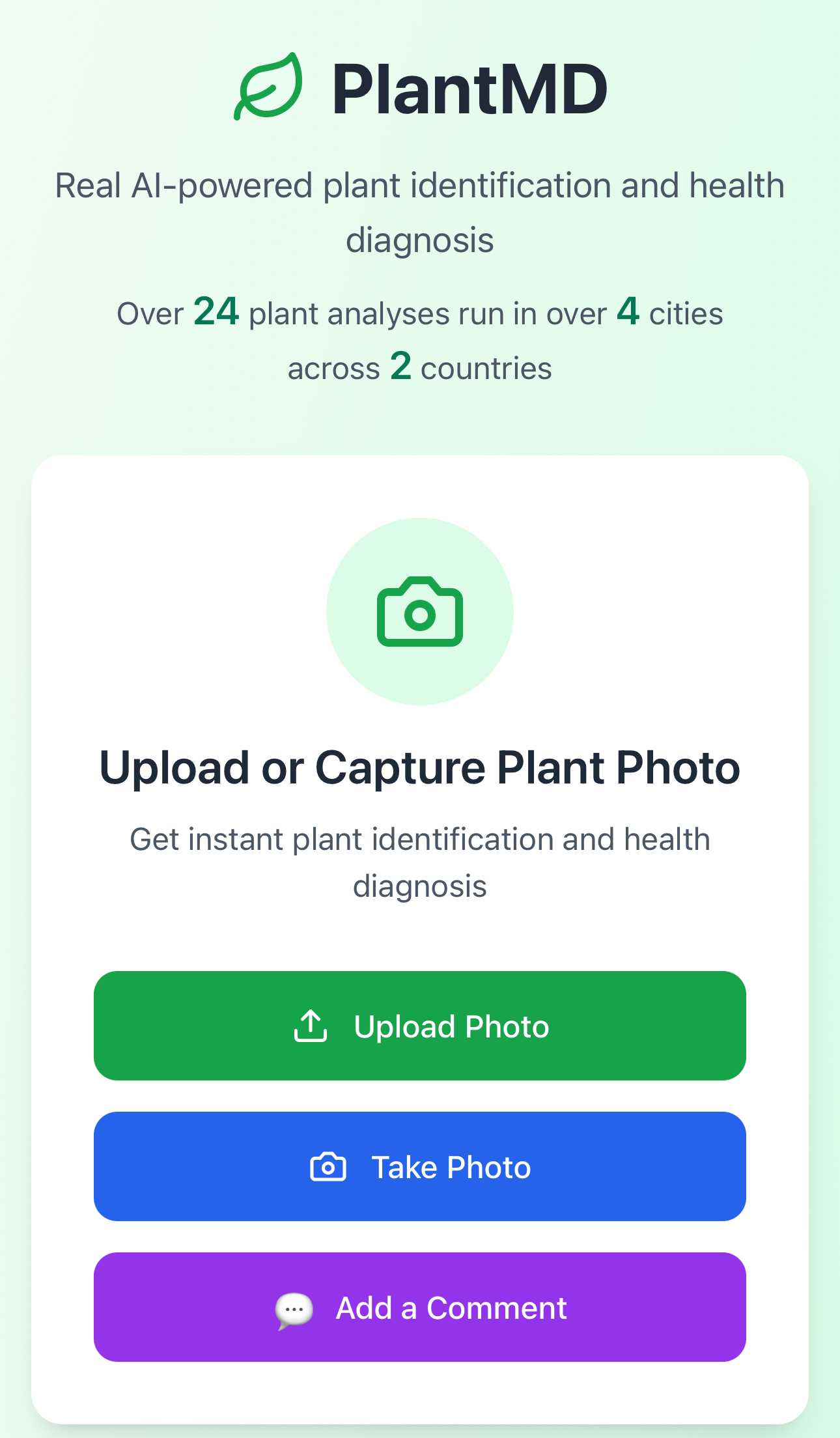PlantMD Home - AI-powered plant pathology application homepage